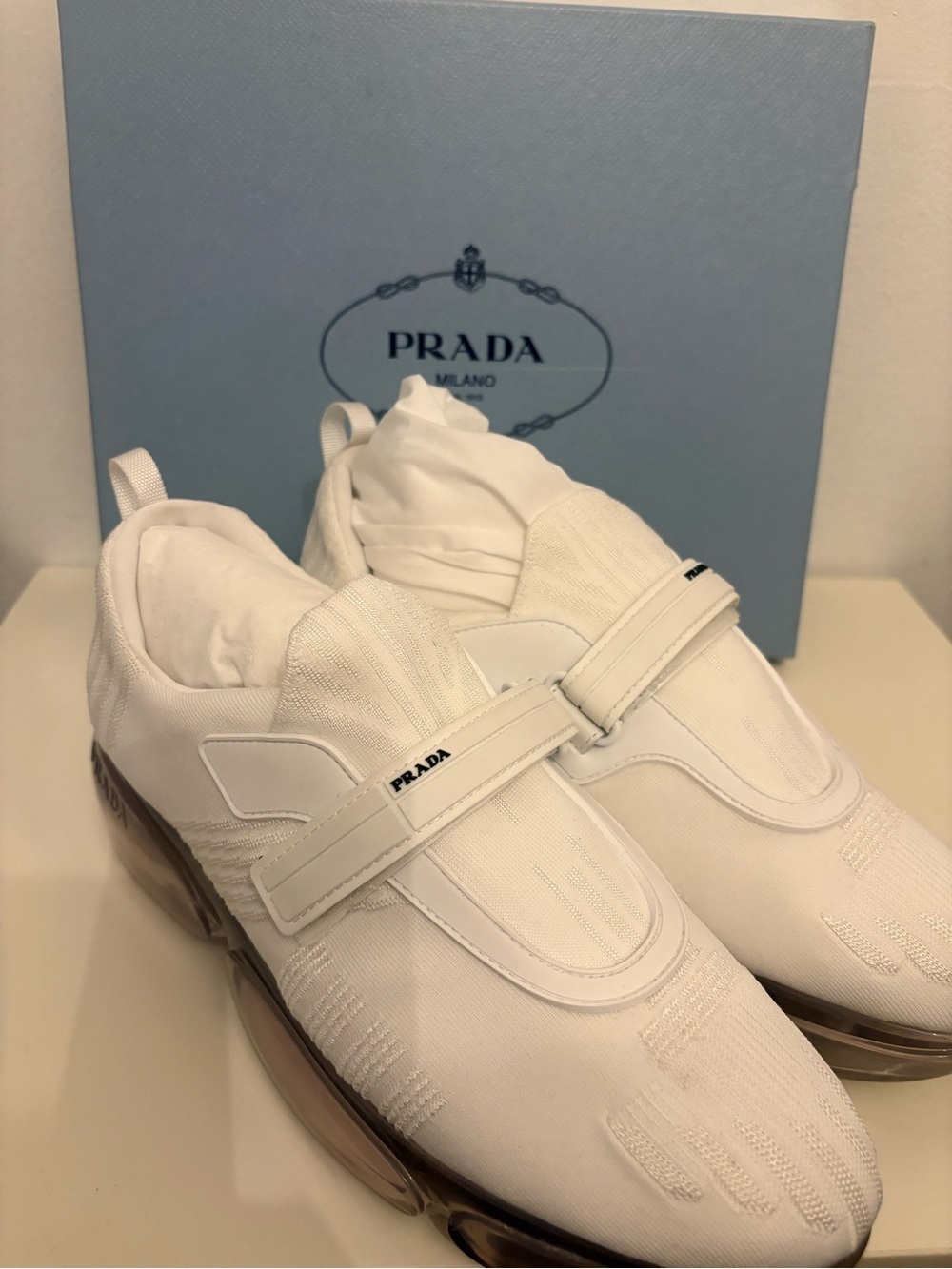 Prada White Knit Slip-On Sneakers with Translucent Brown Sole